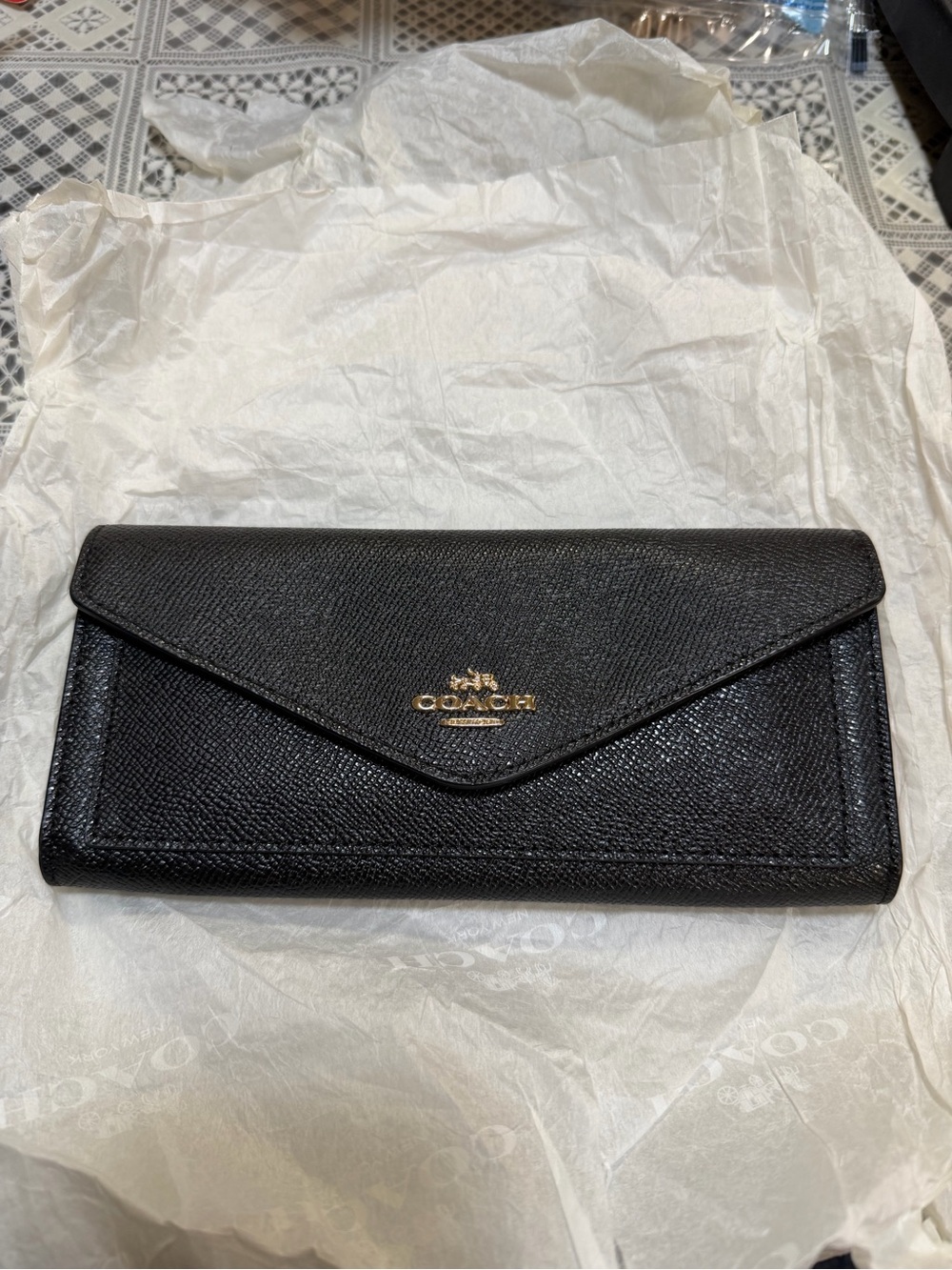 Coach Black Saffiano Envelope Wallet with Gold Logo